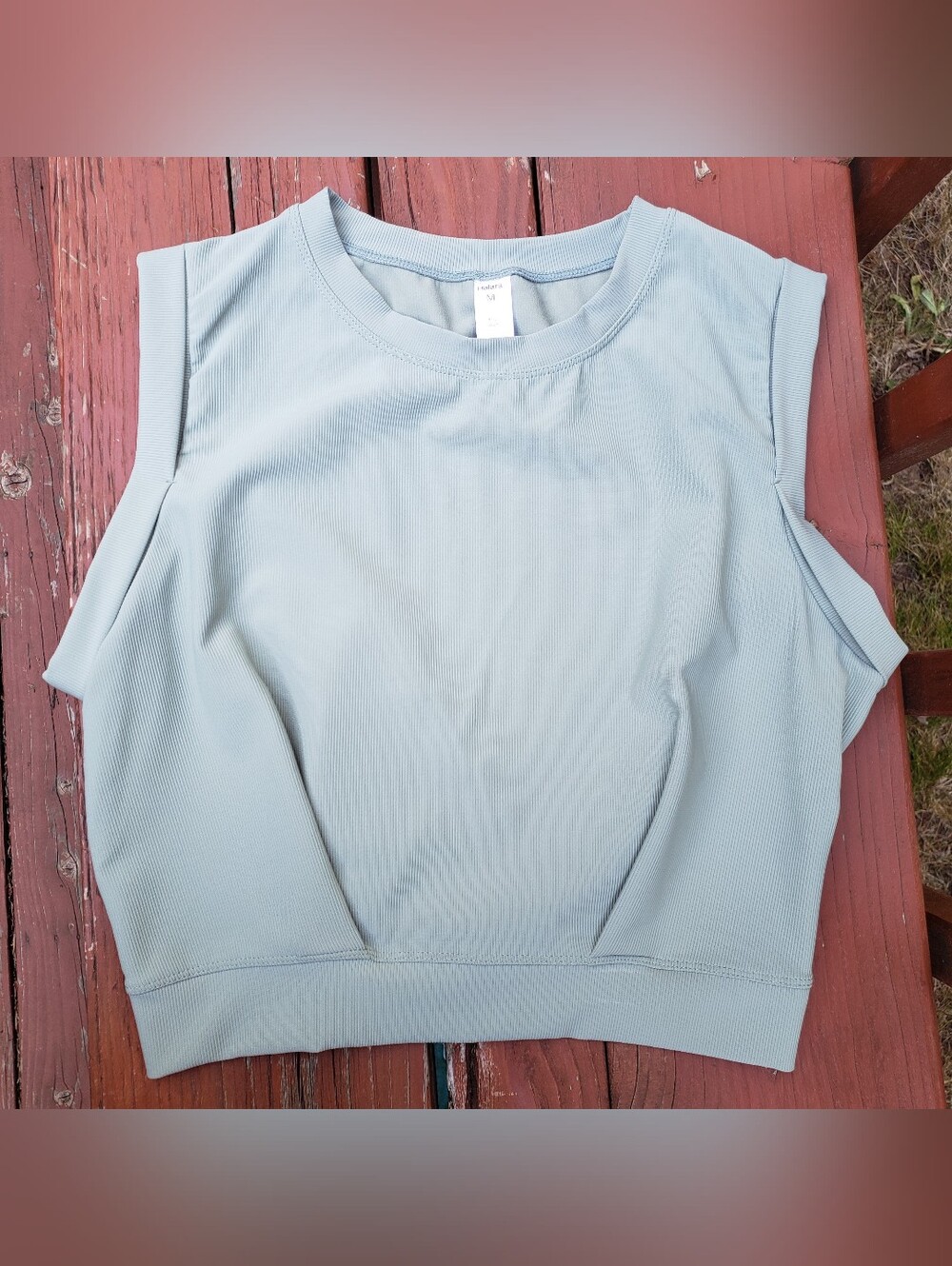 Halara Green Striped Cropped Yoga Tank Top W/ Folded Sleeves  - M